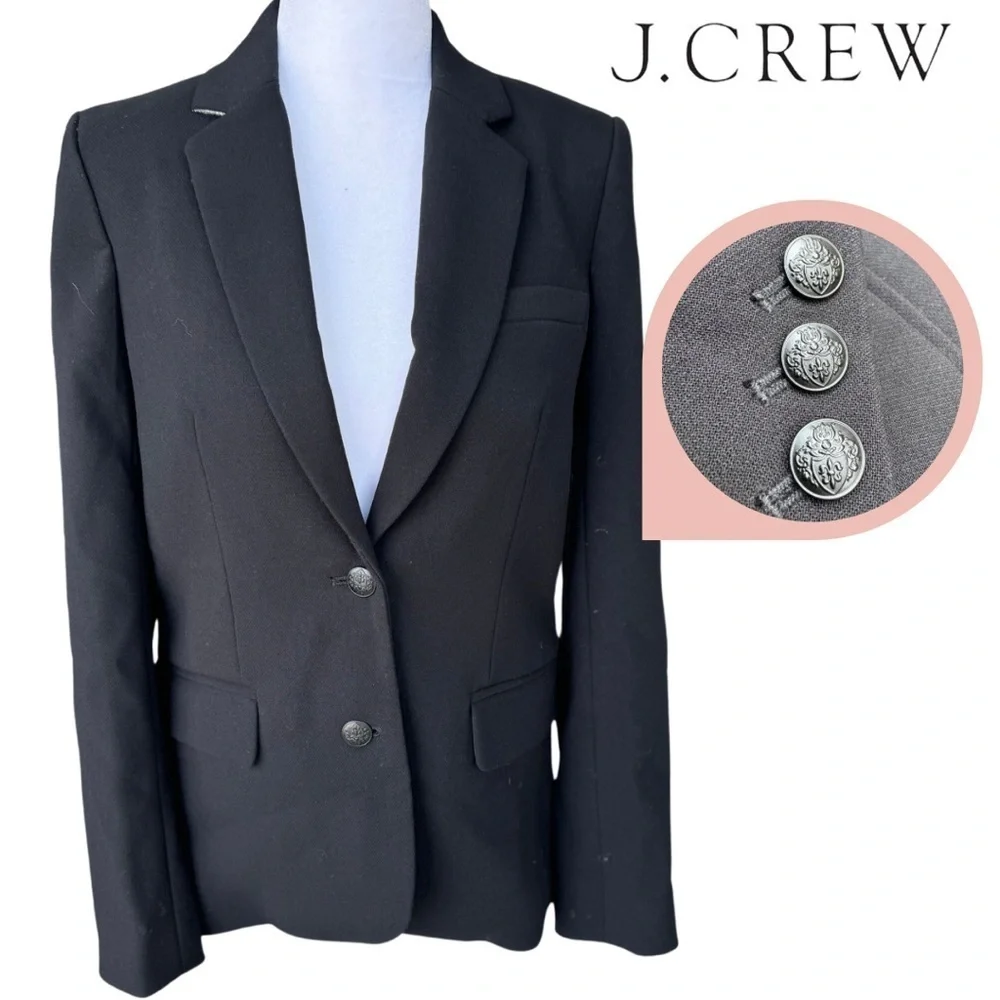 J. Crew Black Button Tailored Blazer 2 Small Sport Coat Wool Blend Jacket pocket
